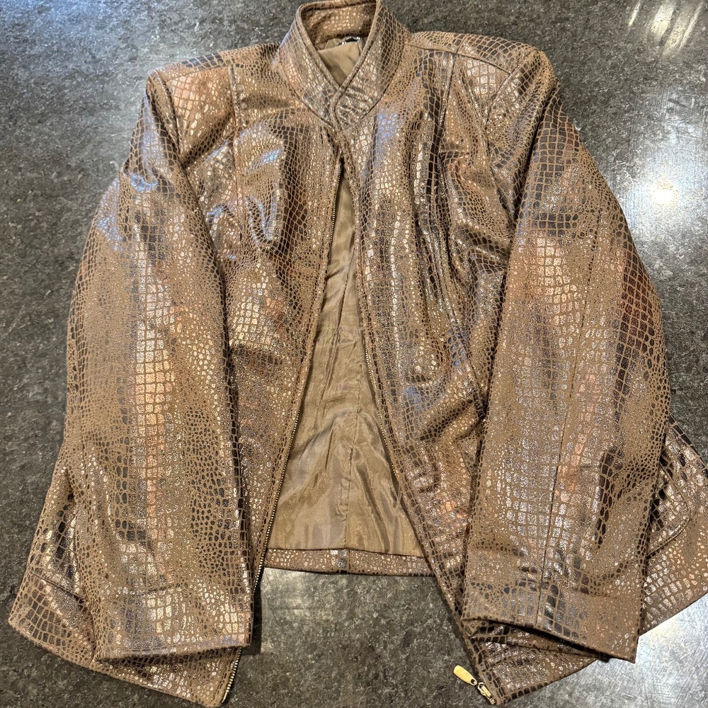 Elementz large womens faux leather brown jacket zip pockets zip front